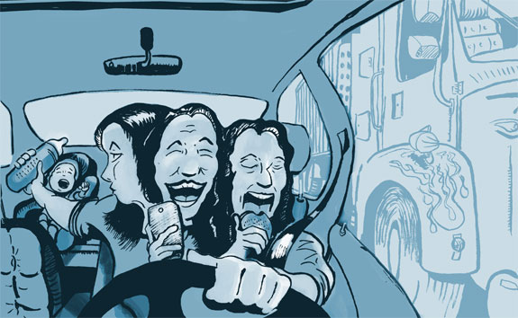 Distracted driving; illustration by Steven White '92