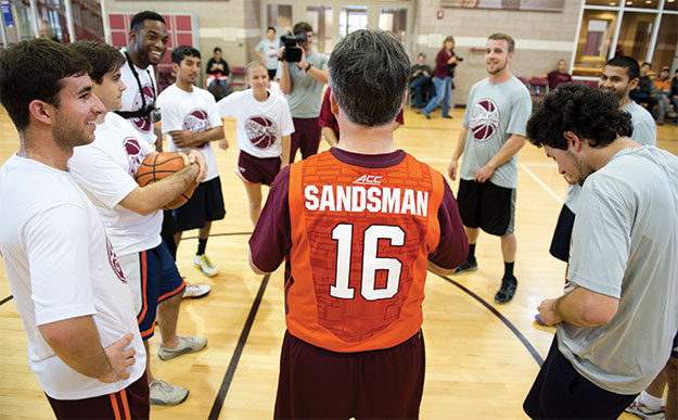 Pickup basketball game during installation of President Timothy Sands