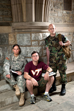 Back to school: Virginia Tech and its student veterans—including, from left, Jadee Ragland, Grayson Chretien, and Eric Hodges, who are among the nearly 200 enrolled at Tech—are tackling the unique challenges veterans can face on a college campus. Photo by Logan Wallace.