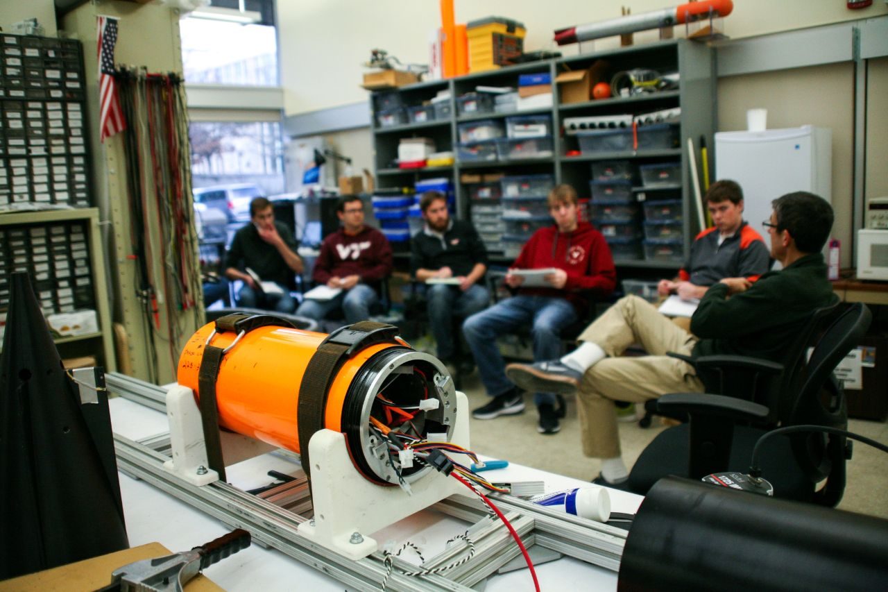 The Virginia DEEP-X team meets with Dan Stilwell, professor of electrical and computer engineering, in the Autonomous Systems and Controls Laboratory. Stilwell leads the team, composed of 21 faculty members and graduate students.
